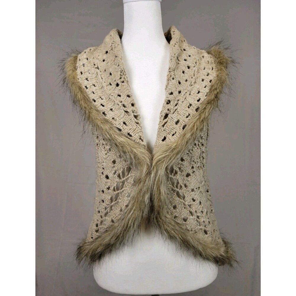 Tan Knit Crocheted Faux Fur Trimmed Cardigan Vest Womens Medium Boho Retro